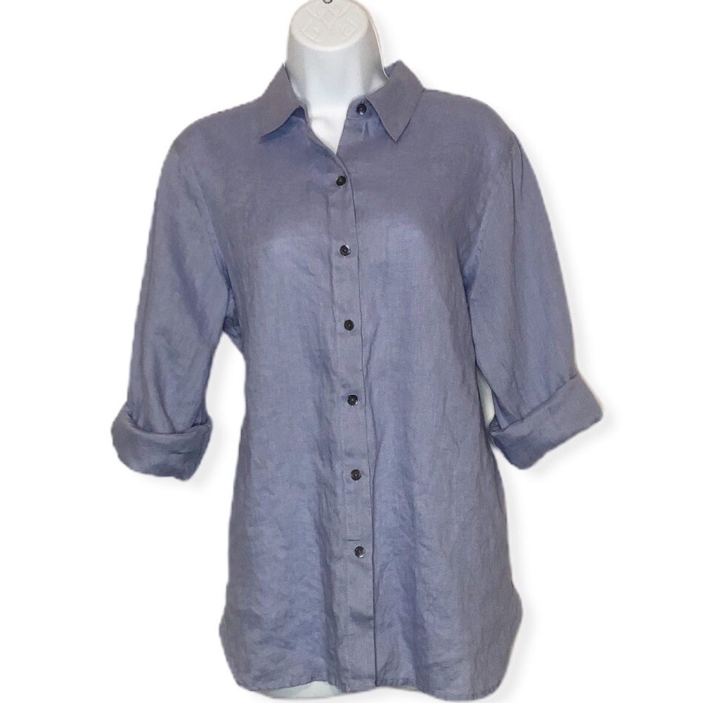 J. Jill Blue Linen Button Down Blue Shirt Small